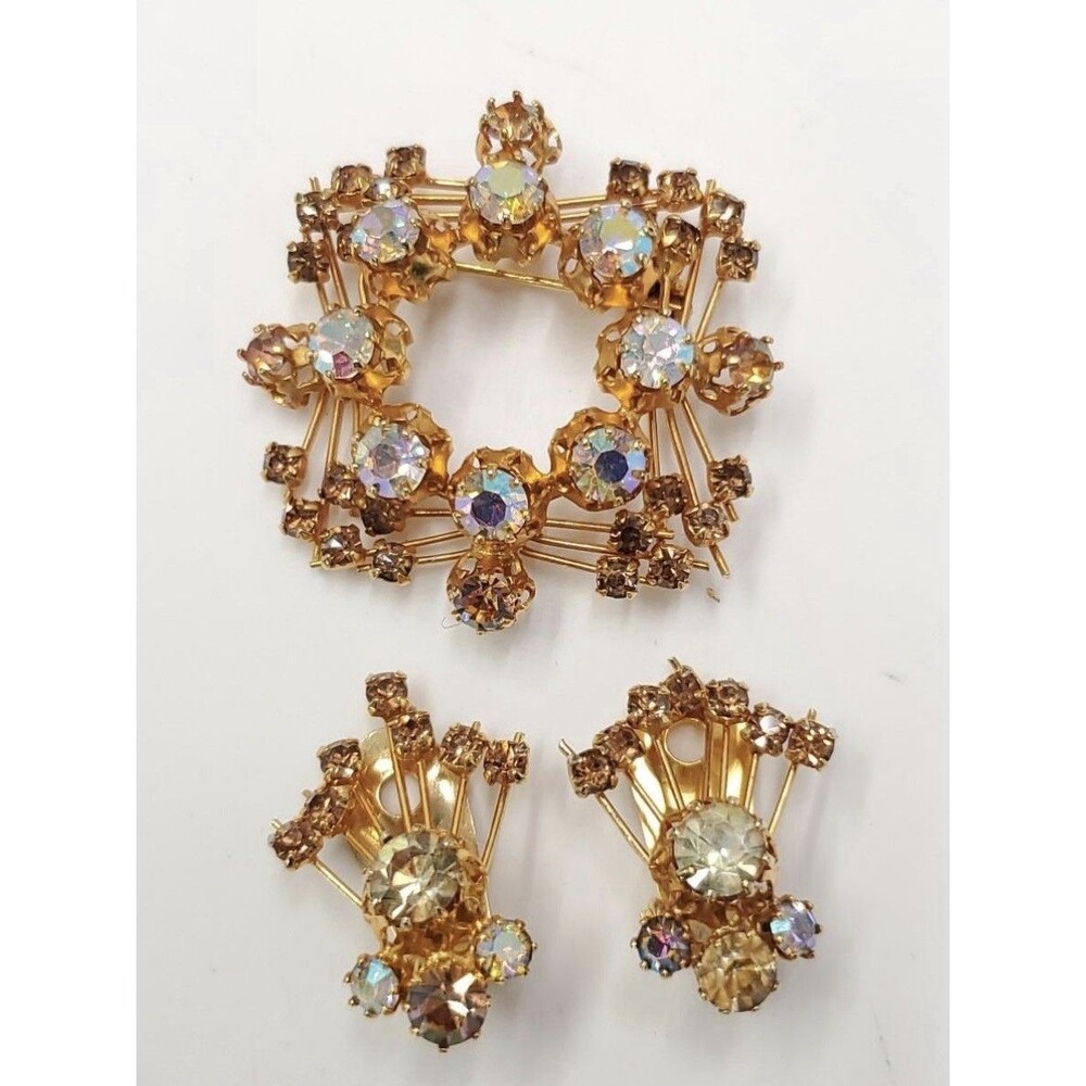Vintage Triad Demi Parure Brooch Pin & Clip Earrings Aurora Borealis Amber Set
